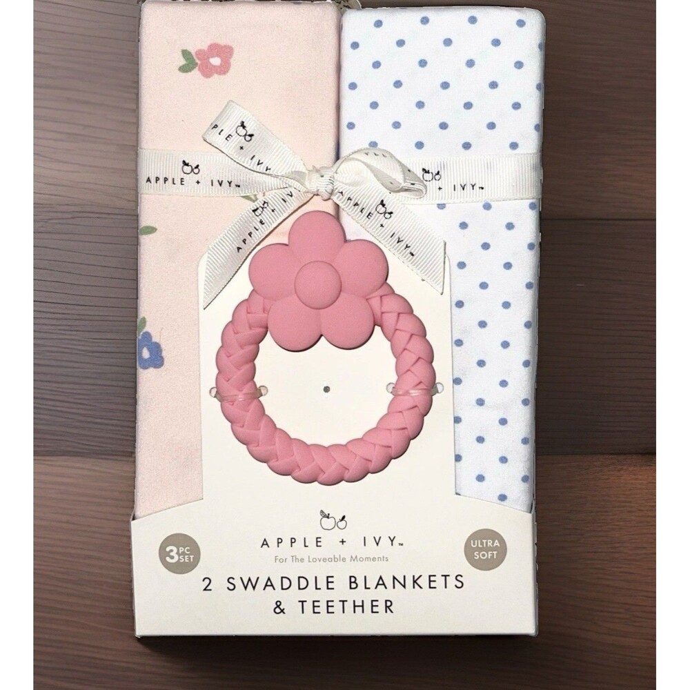 Apple + Ivy Set - 2 Swaddle Blankets Pink Floral and Blue Polka Dots & Teether